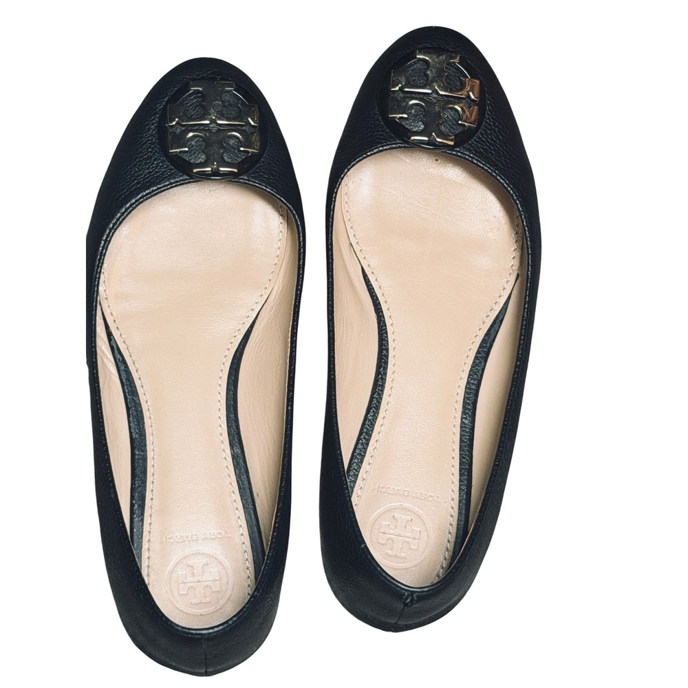 Tory Burch Claire Ballerina Flats Black Leather Gold Logo Medallion Size 7